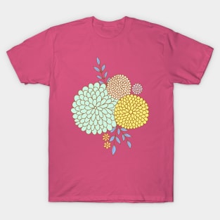 Retro flower garden botanical design in viva magenta and turquoise T-Shirt